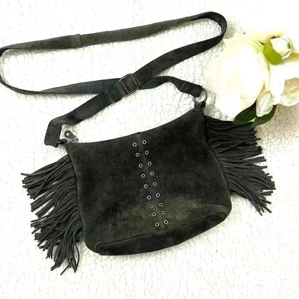 Minnetonka‎ Dark Gray Boho Soft Suede W/ Fringe Adjustable Strap Crossbody Bag